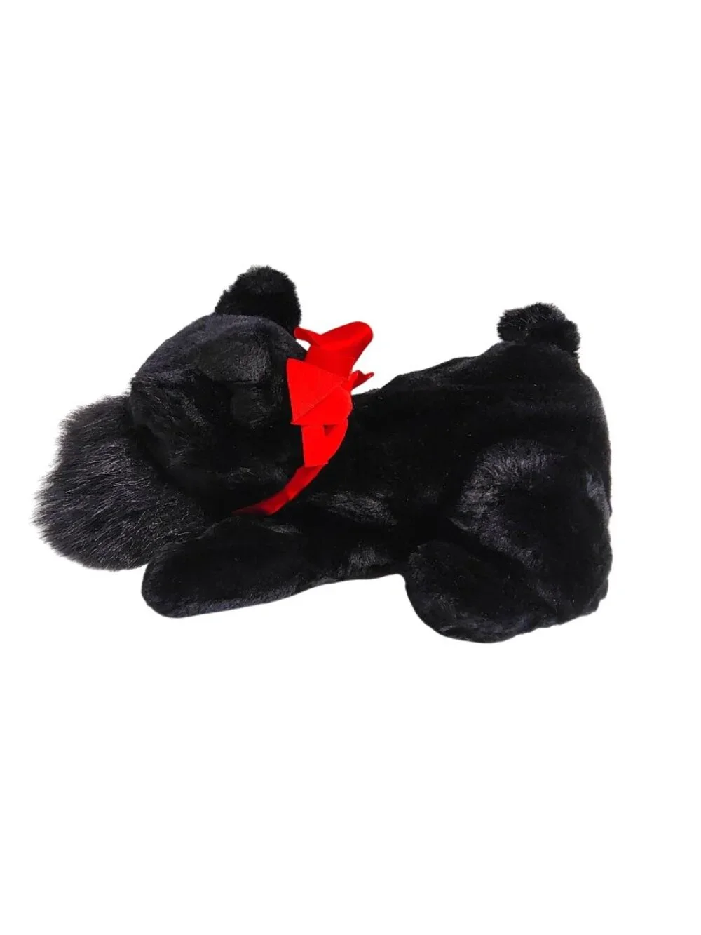 Vintage Dakin Black Scottie Schnauzer Plush Dog Puppy Hand Puppet 1984, Red Bow